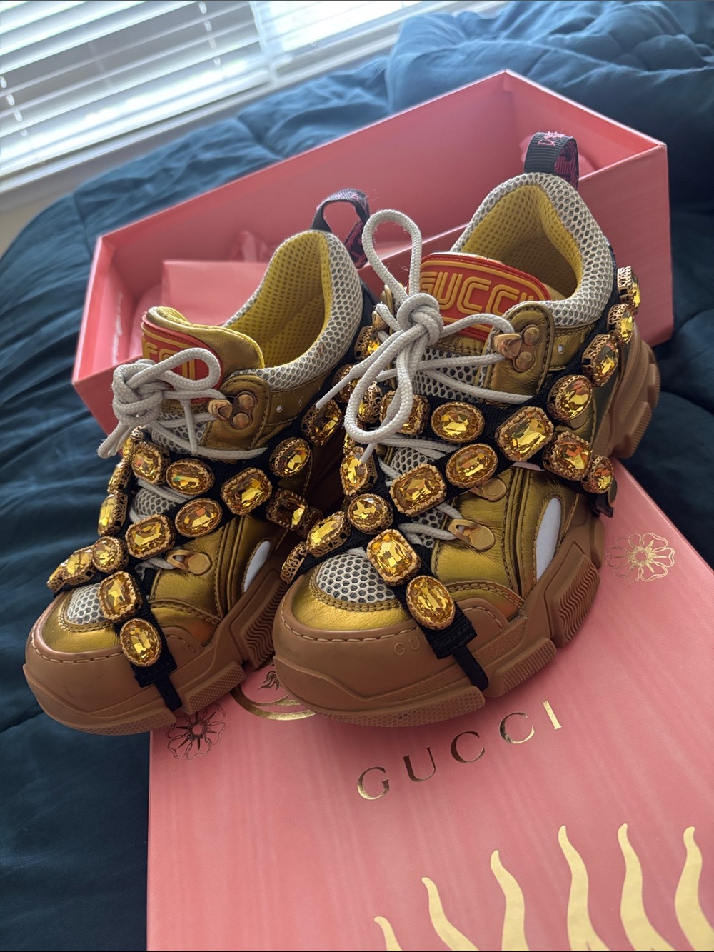 Gucci Gold and Brown Jeweled Chunky Sneakers